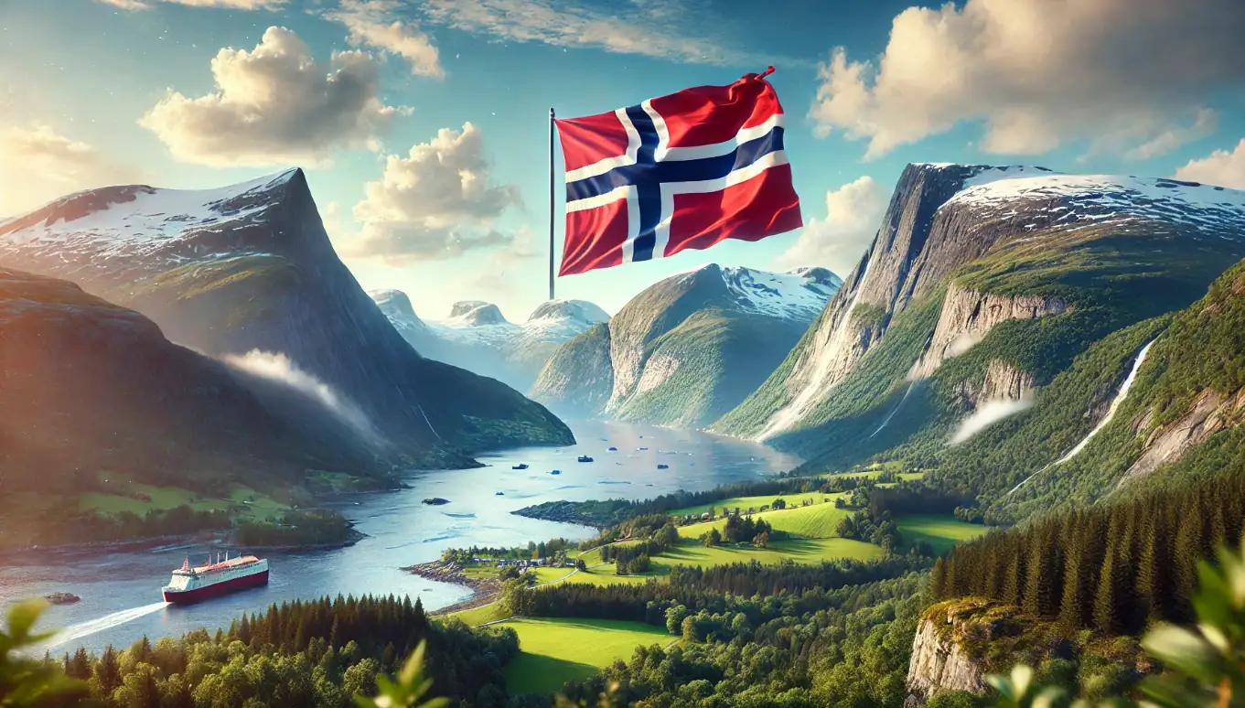 paysage de norvège avec le drapeau norvégien
