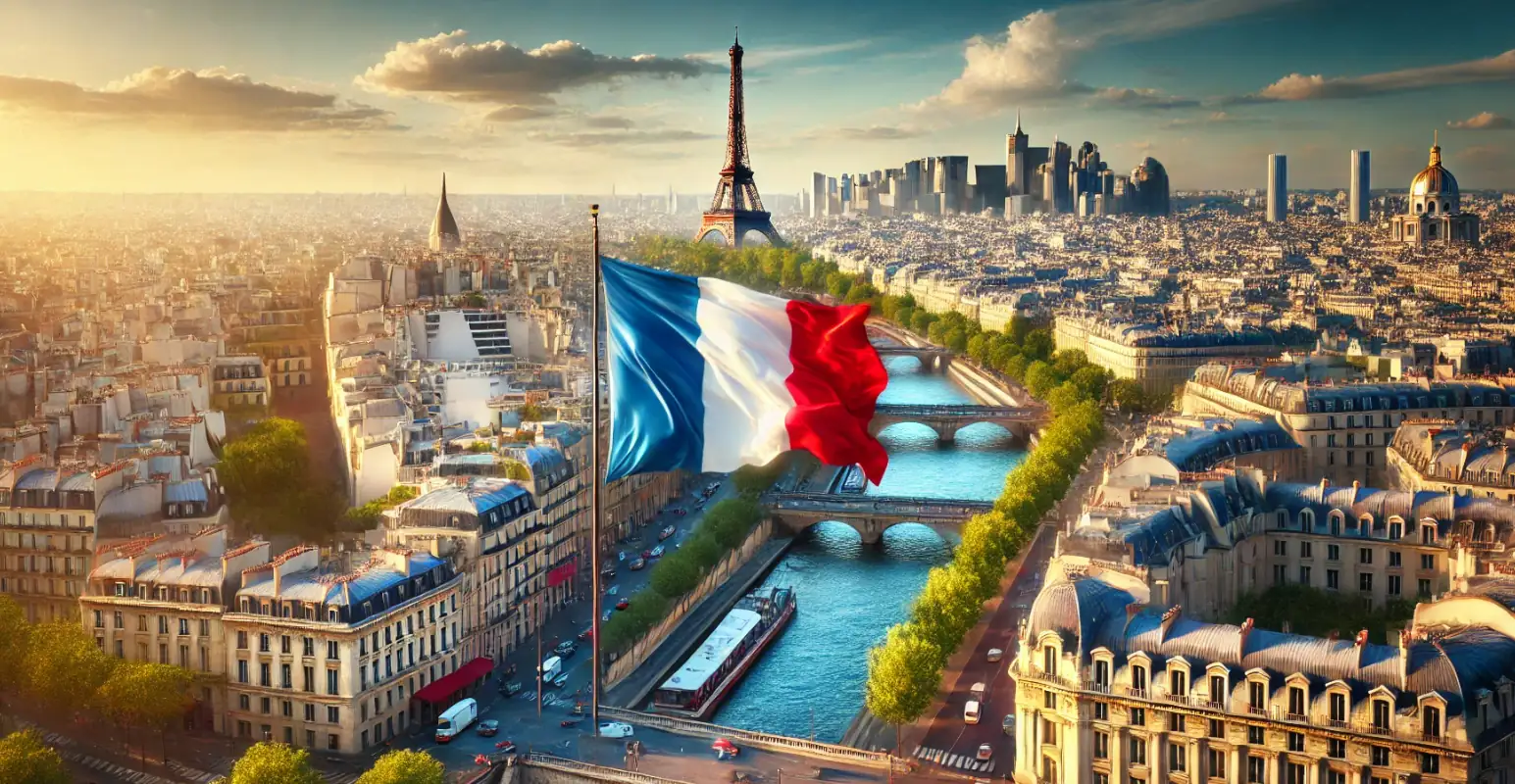 Génère une photographie de Paris hyper réaliste avec le drapeau de la France au milieu. Format 16:9 Paris avec le drapeau de la France