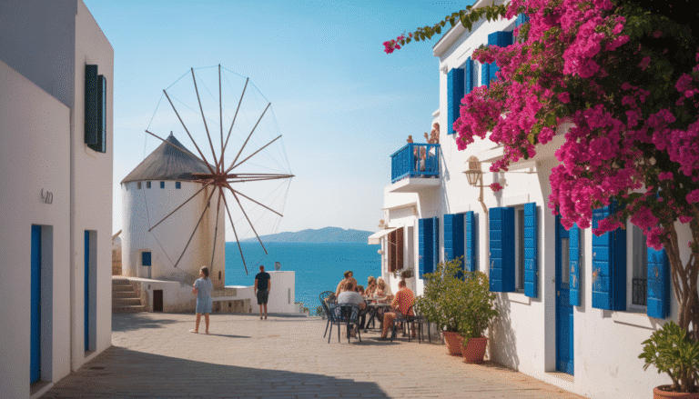 Photo réaliste des moulins de Kato Mili surplombant les maisons blanches de Mykonos avec bougainvilliers roses, mer turquoise et passants