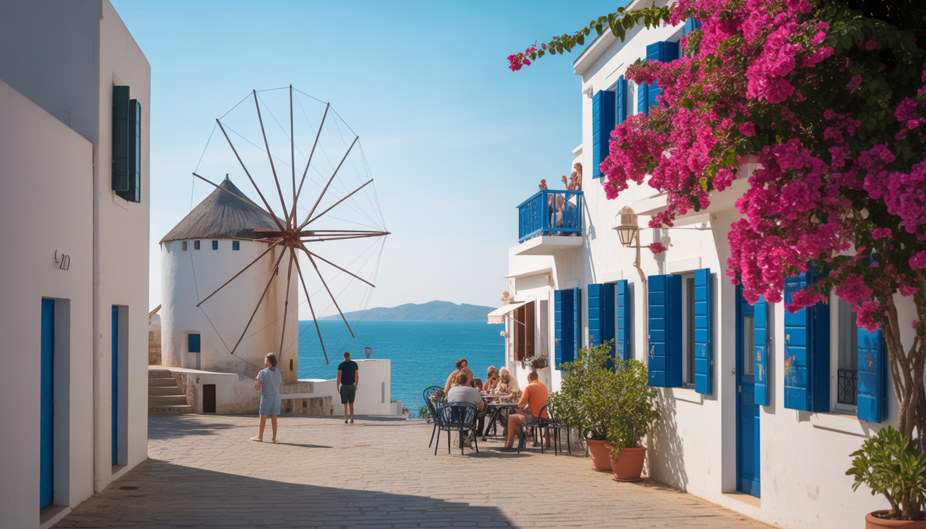 Photo réaliste des moulins de Kato Mili surplombant les maisons blanches de Mykonos avec bougainvilliers roses, mer turquoise et passants