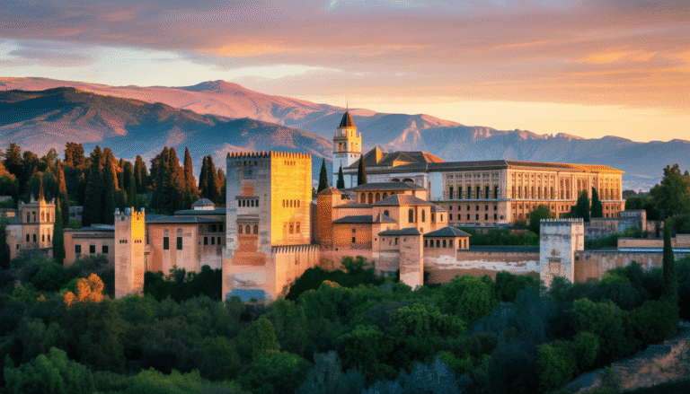 Vue photoréaliste de l'Alhambra au coucher du soleil avec les montagnes de la Sierra Nevada en arrière-plan
