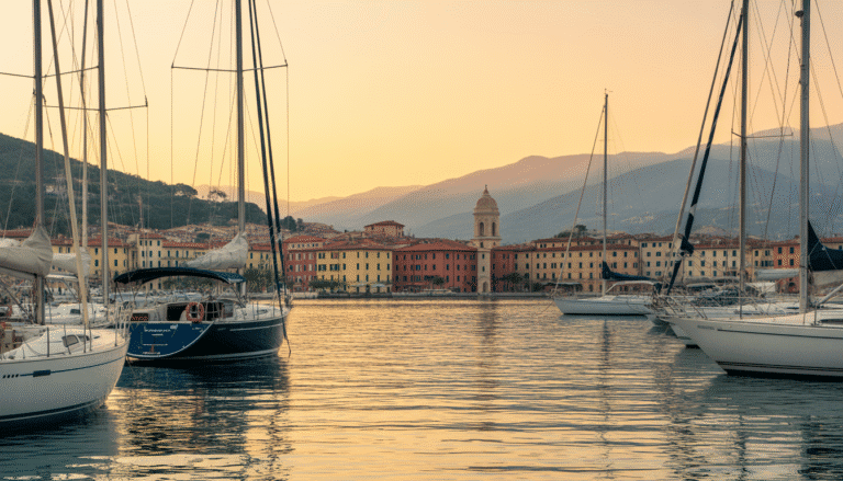 Harbor of Propriano at sunset with sailboats and terracotta rooftops