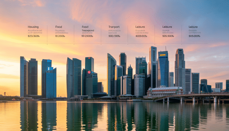 Photorealistic sunset view of Singapore skyline with illustrated living expenses