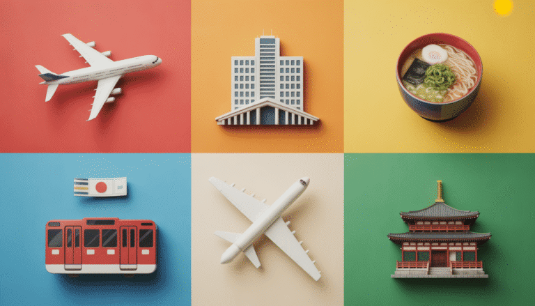 Illustration photoréaliste montrant les icônes d’un avion, hôtel, train, bol de ramen et temple sur fond coloré
