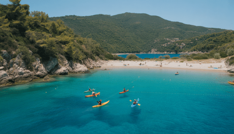 Aerial view of Island of Elba coastline with turquoise waters, sandy beach, kayakers, and lush green hills