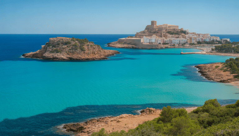 Vue panoramique de l'île d'Ibiza avec eaux turquoise et Dalt Vila