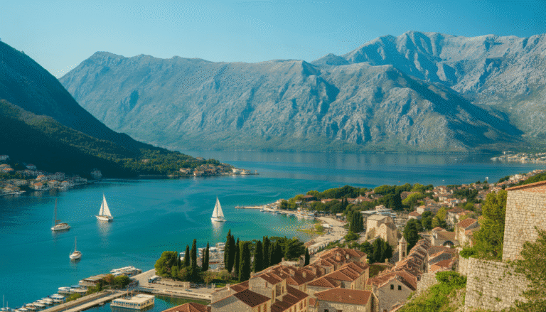 Vue panoramique de la baie de Kotor avec vieille ville en pierre, mer turquoise et montagnes enneigées