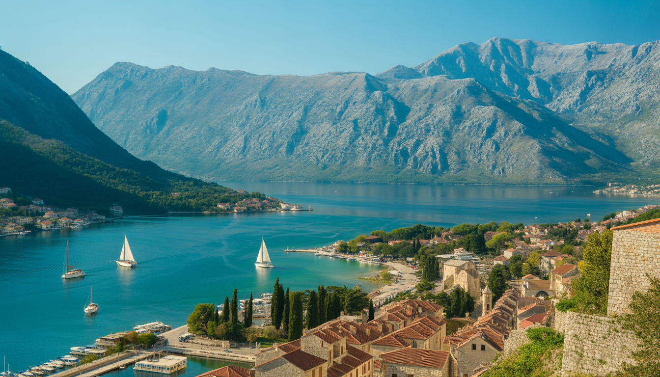 Vue panoramique de la baie de Kotor avec vieille ville en pierre, mer turquoise et montagnes enneigées