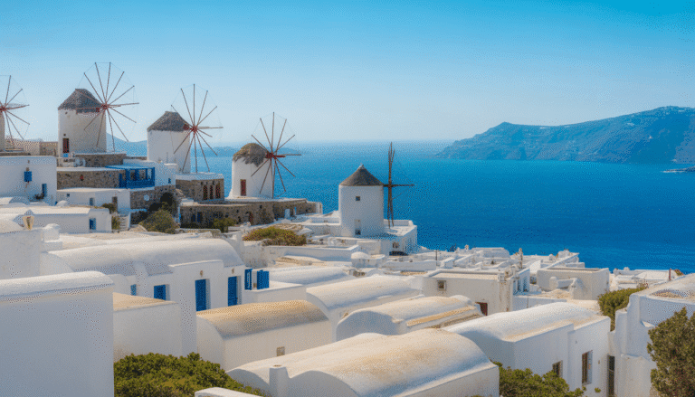 Ruelles blanches de Mykonos avec moulins Kato Mili et mer Égée