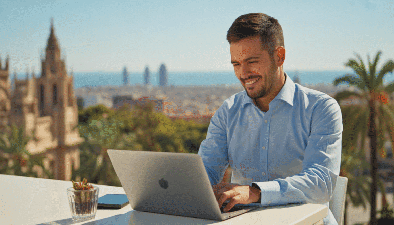 Homme ou femme souriant travaillant sur un ordinateur portable en terrasse à Barcelone