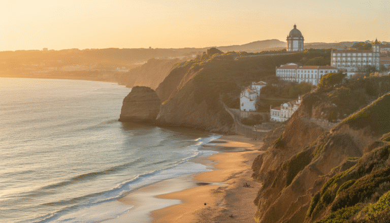 Landscape of Algarve cliffs, Sintra hills, and Douro River at sunset