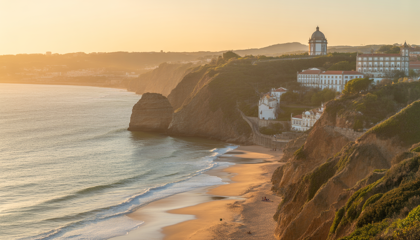 Landscape of Algarve cliffs, Sintra hills, and Douro River at sunset