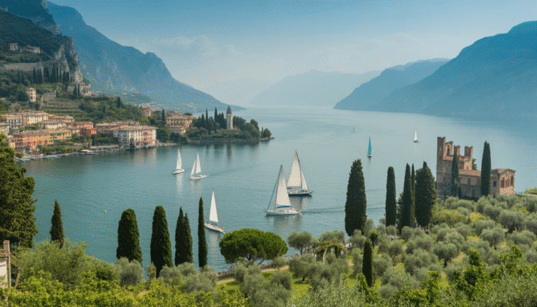 Photorealistic view of Lake Garda with sailboats, villages, and lush hillsides