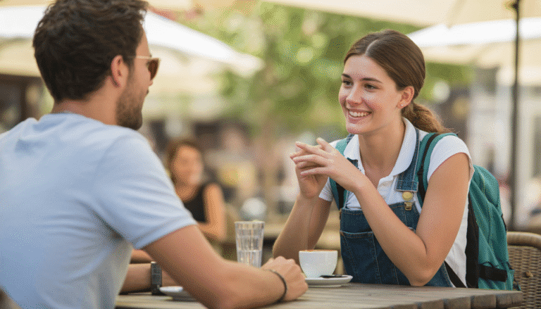 Voyageur souriant discutant avec un propriétaire de café en terrasse ensoleillée
