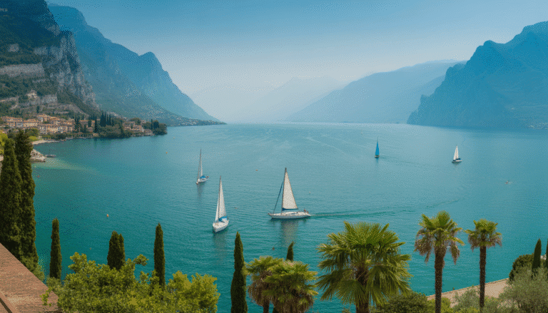 Panoramic view of Lake Garda with turquoise water, sailboats, mountains, and lakeside villages