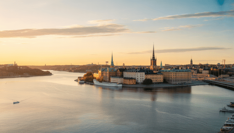 Vue panoramique de Stockholm au coucher du soleil avec les îles de l'archipel et les bâtiments colorés de Gamla Stan