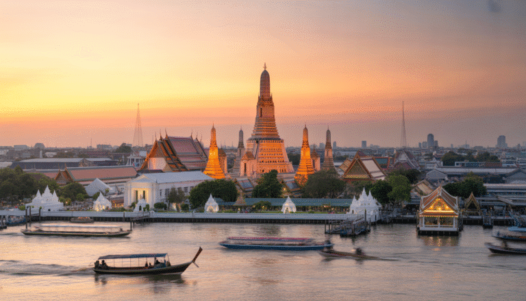 Panorama de Bangkok au coucher de soleil avec le Grand Palais, Wat Arun et des bateaux thaïlandais sur le fleuve Chao Phraya