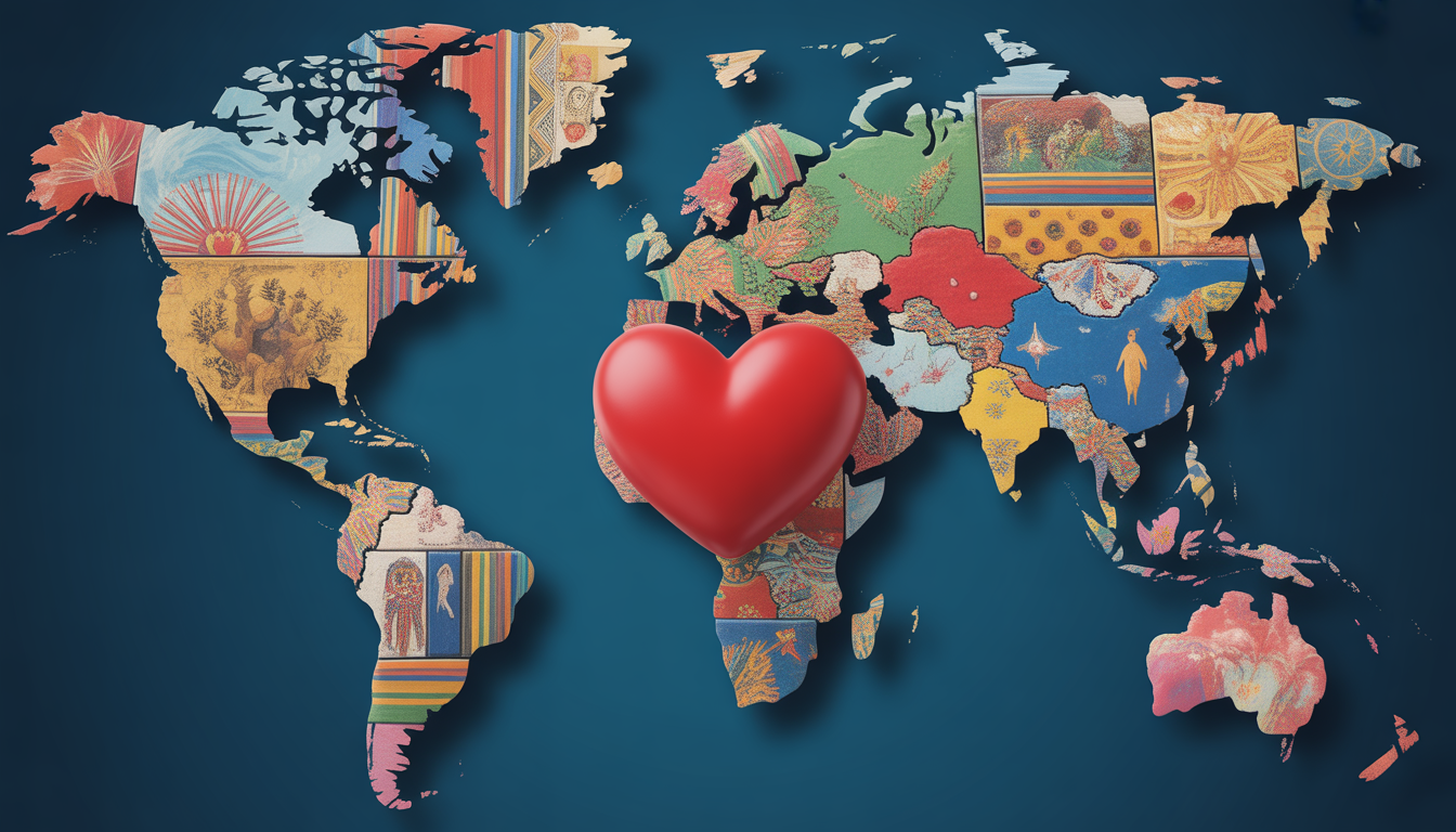 Photorealistic mosaic world map with diverse cultural designs and central red heart