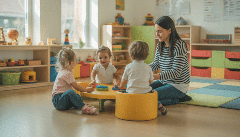 Enfants dans une crèche allemande moderne, jouant et apprenant dans un environnement lumineux et sécurisé