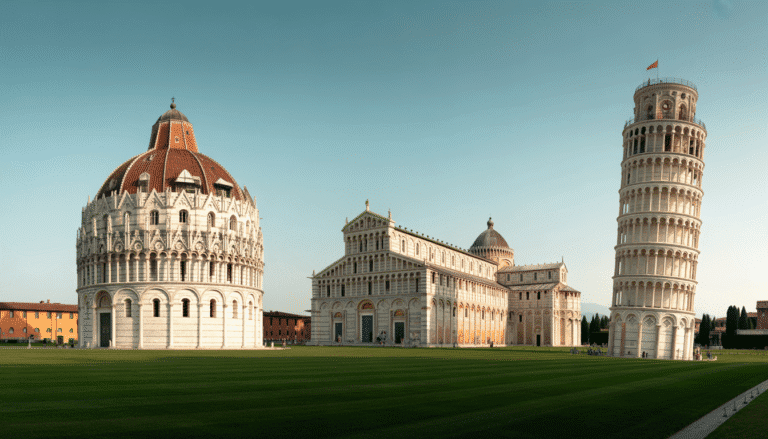 Vue photoréaliste de la Piazza dei Miracoli à Pise avec la Tour penchée, la cathédrale, le baptistère et le cimetière monumental sous un ciel clair au coucher du soleil