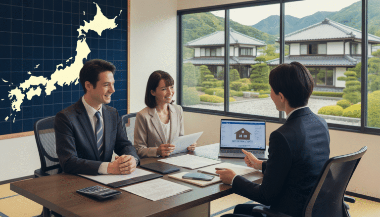 Couple étranger avec agent immobilier japonais dans un bureau moderne à Tokyo, avec plans de maison, documents et ordinateur portable affichant un simulateur d'hypothèque