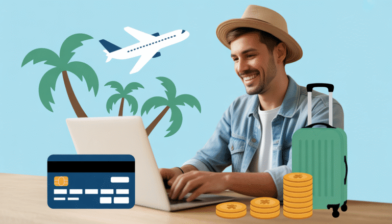 Smiling traveler using laptop to book trip with credit card and coins nearby