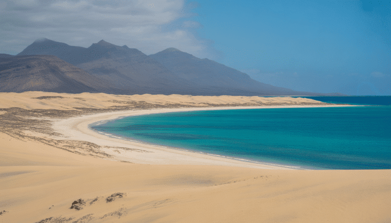 Scenic tropical beach on Sal Island, Cape Verde with white sand, turquoise sea, golden dunes and volcanic mountains