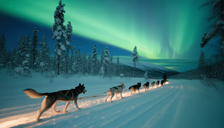 Dog sled team racing through snowy forest beneath glowing aurora borealis