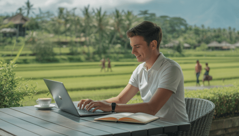 Jeune professionnel travaillant sur un ordinateur portable dans un café en plein air à Bali avec végétation luxuriante et rizières