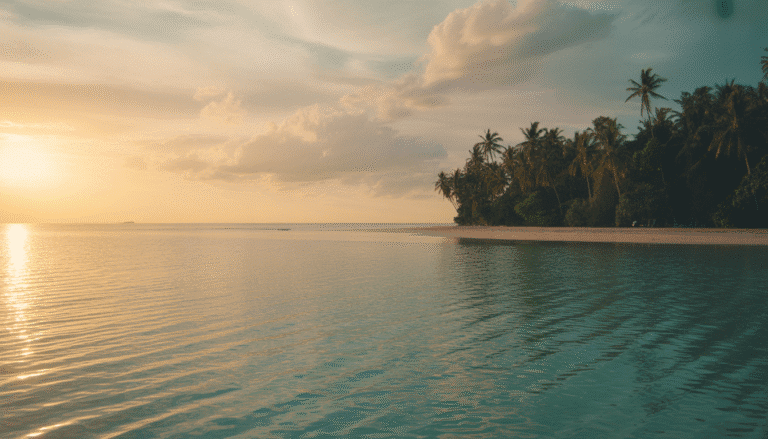 Scenic view of tropical beach at sunset with turquoise water and palm trees
