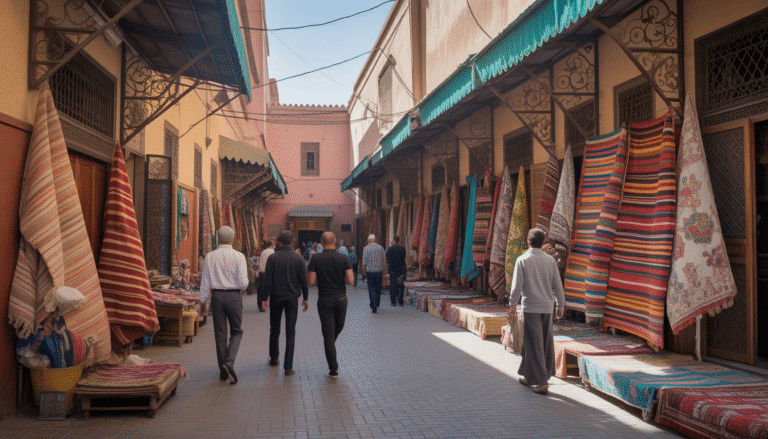 Scène de rue vibrante à Marrakech avec marchands de tajines et tapis colorés