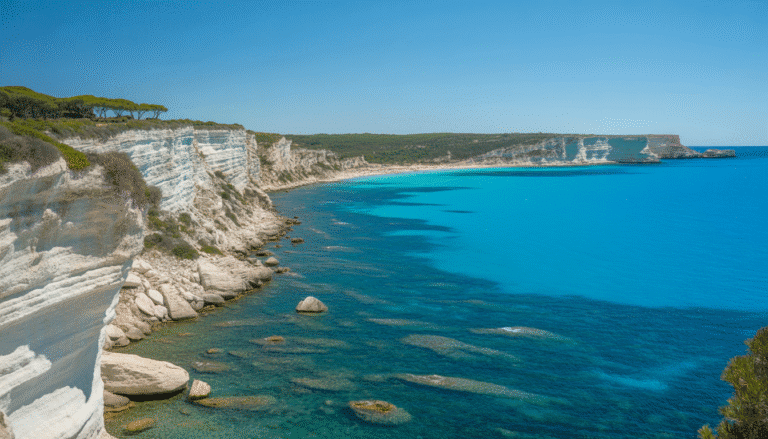 White cliffs of Bonifacio above turquoise sea with Palombaggia beach and parasol pines under a clear blue sky