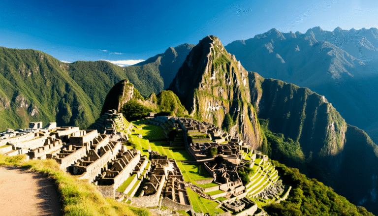 Vue panoramique de Machu Picchu avec montagnes verdoyantes et ruines incas