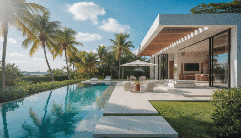 Photorealistic modern Miami villa with infinity pool and tropical garden under bright sun and blue sky