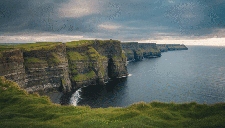 Vue des falaises de Moher surplombant l'océan Atlantique sous un ciel nuageux