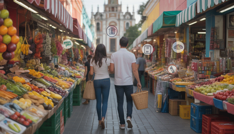 Couple faisant du shopping dans un marché mexicain animé, entouré d'étals de fruits, légumes et artisanat local