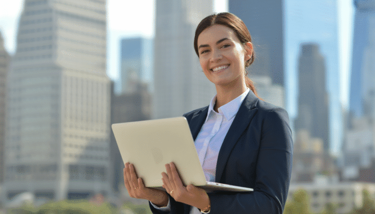 Smiling professional holding laptop with city skyscrapers behind
