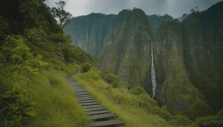Sentier de levada à travers une forêt verte avec cascade et montagnes
