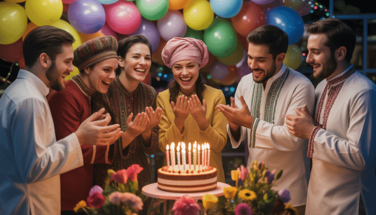 Groupe divers en tenues traditionnelles autour d’un gâteau allumé