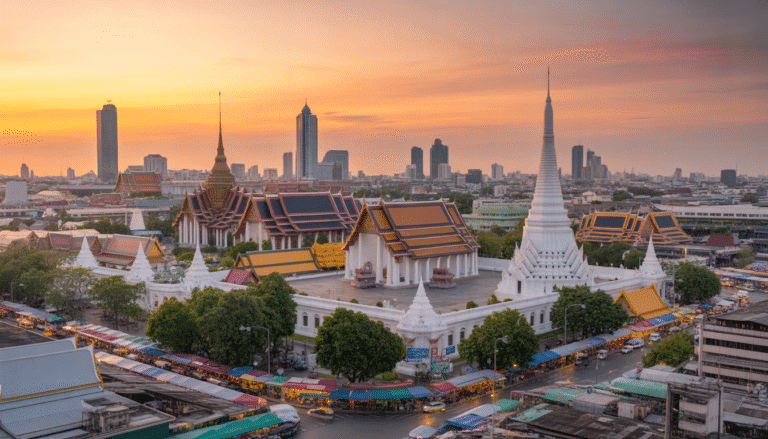 Vue panoramique de Bangkok avec le Grand Palais, Wat Pho, marchés animés et gratte-ciel au coucher du soleil
