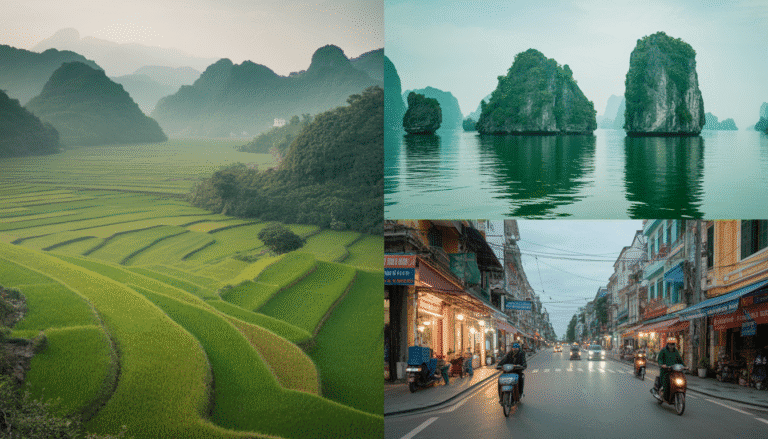 Collage paysager photoréaliste du Vietnam : rizières de Sapa, baie d'Ha Long, rues d'Hanoï