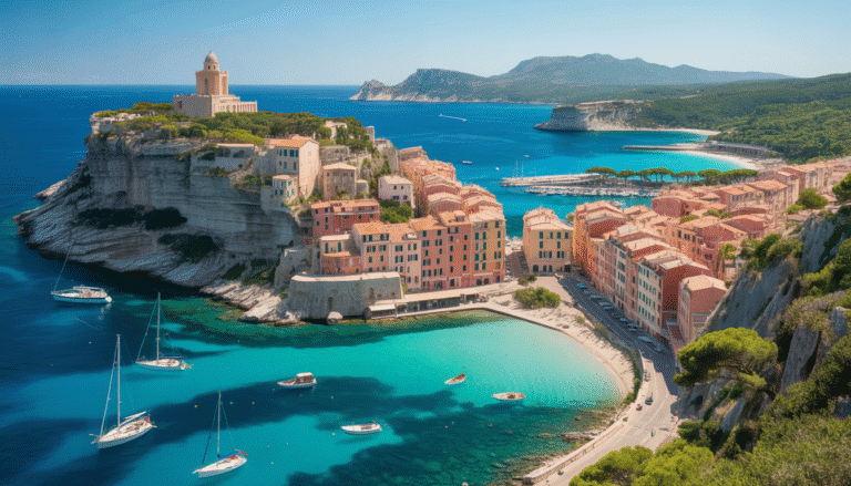 Vue de Bonifacio sur des falaises calcaires au-dessus de la mer turquoise avec voiliers, rues médiévales et plages au loin