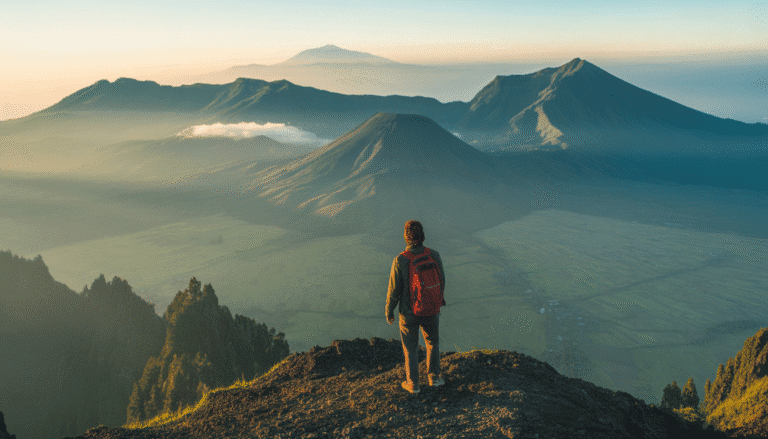Voyageur au sommet du mont Rinjani avec rizières verdoyantes et vue panoramique