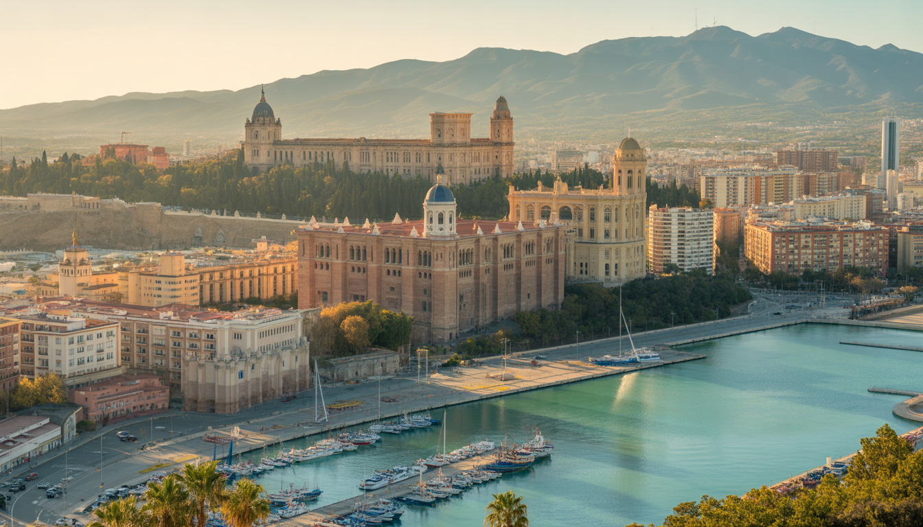 Vue aérienne photoréaliste de Malaga avec l'Alcazaba et la cathédrale