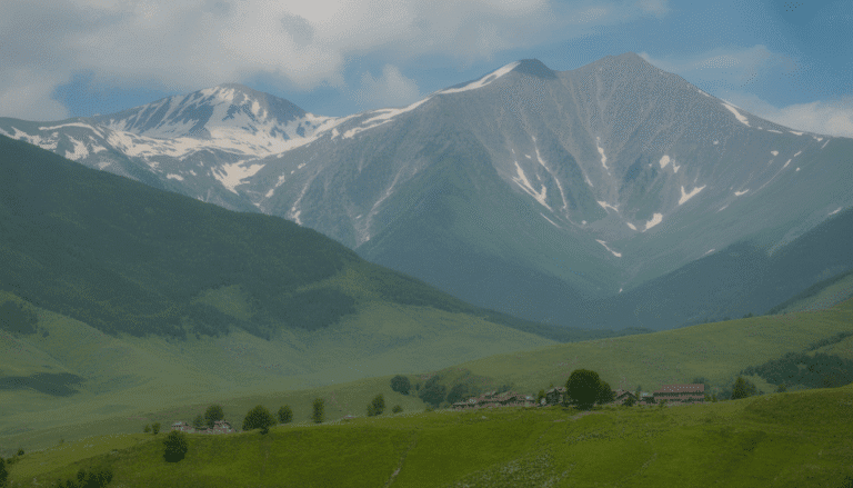 Snowy peaks and lush valleys in the Caucasus Mountains, Georgia