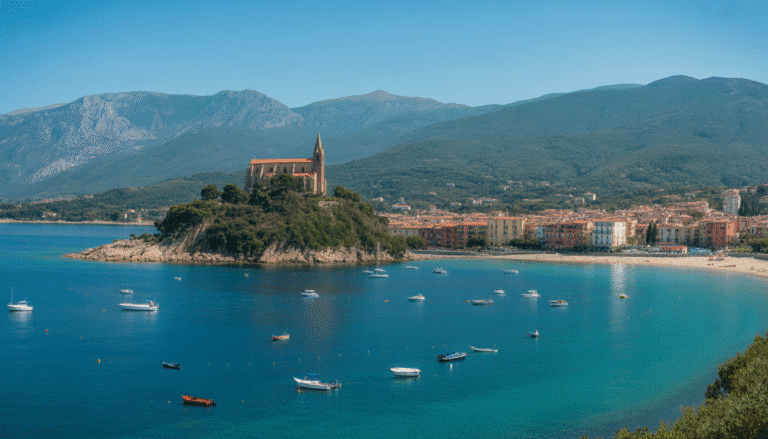 Vue panoramique de Propriano avec plage, église et bateaux en mer