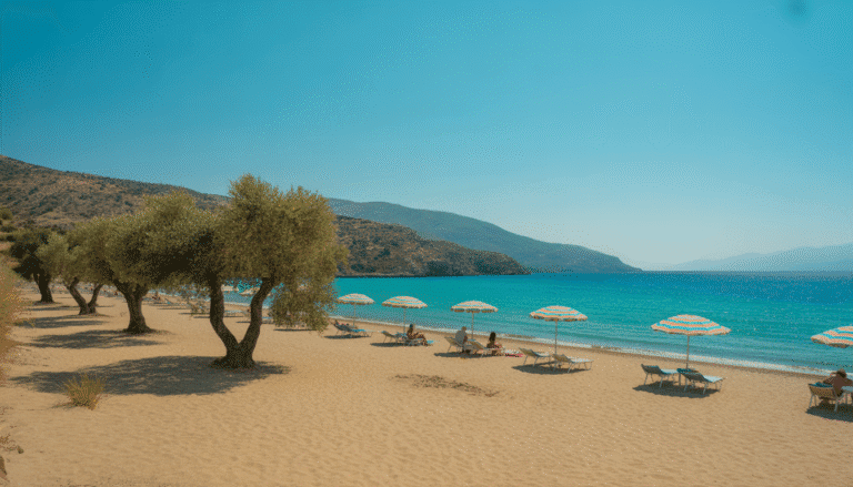 Photorealistic Greek beach with golden sand, turquoise water, parasols, and green hills