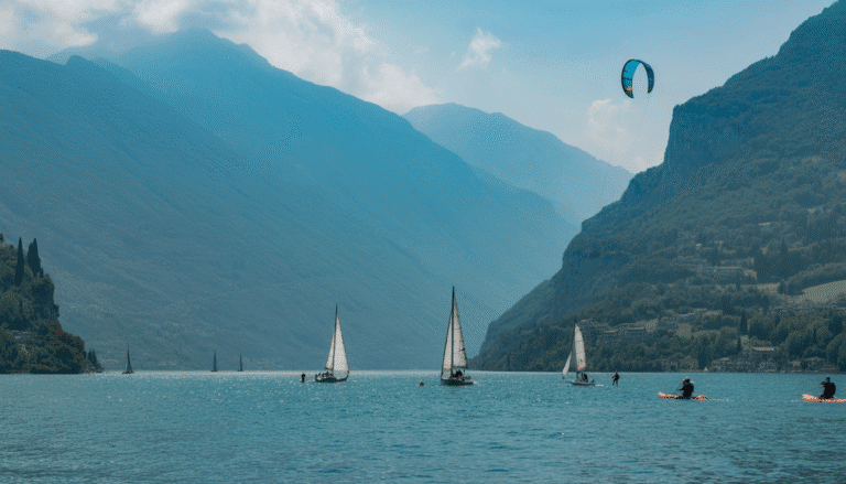 Vue panoramique du lac de Garde avec voiliers, kayakistes, kitesurfeurs et randonneurs près du mont Baldo