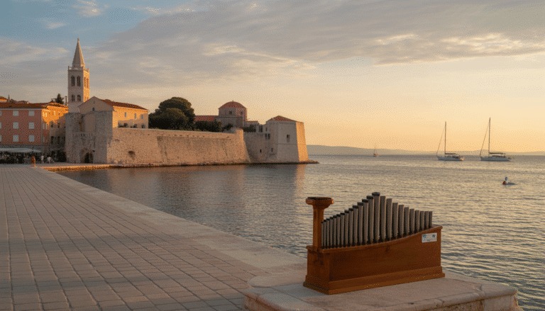 Panoramic view of Zadar's old town at sunset with Sea Organ