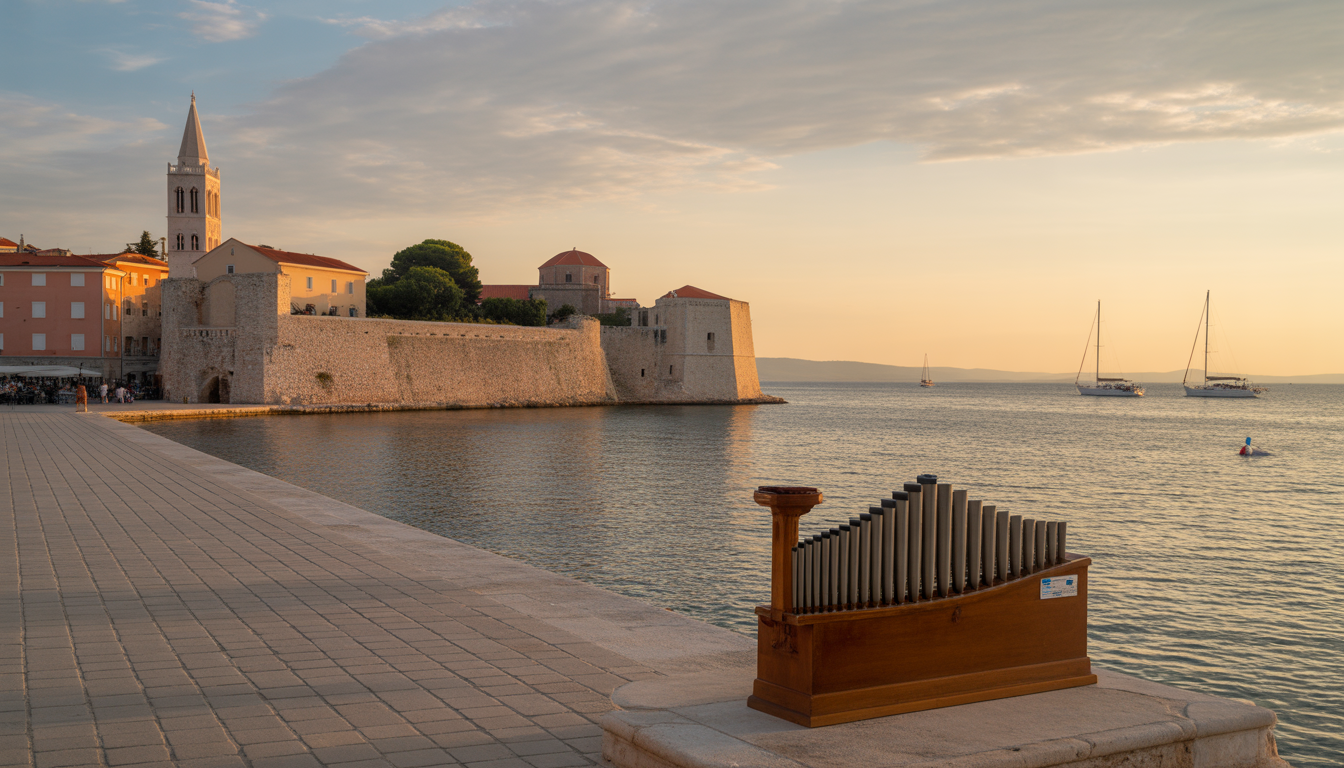 Panoramic view of Zadar's old town at sunset with Sea Organ